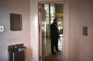 Pulaski County Sheriff Eric Higgins stands in a jail cell in the Pulaski County Regional Detention Facility during a media tour in this June 16, 2022 file photo. (Arkansas Democrat-Gazette/Stephen Swofford)